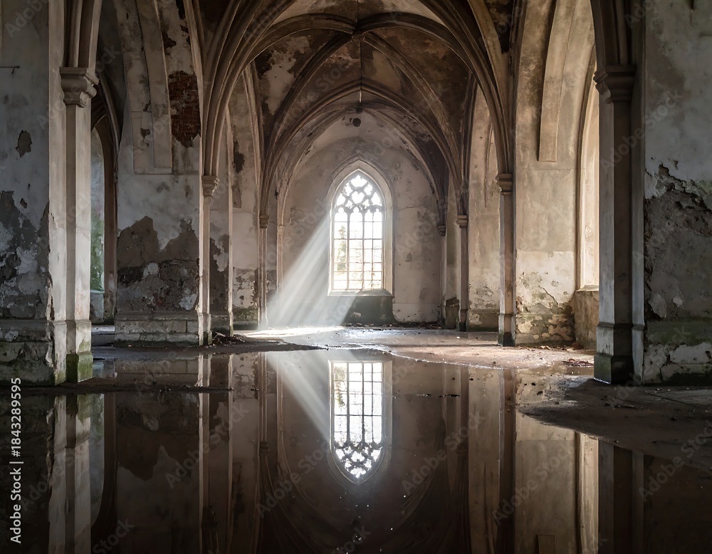 Obraz premium Light streams through a gothic window into a flooded, decaying interior