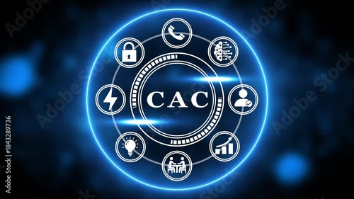 CAC acronym in a glowing blue circle with business icons and bokeh effect Keywords: CAC, Customer Acquisition Cost, acronym, business, finance, marketing, sales, strategy, success, performance