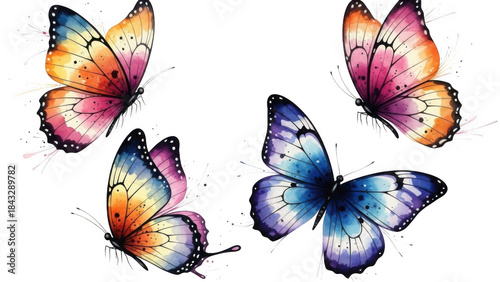 A collection of four vibrant watercolor butterflies with colorful wings in flight
