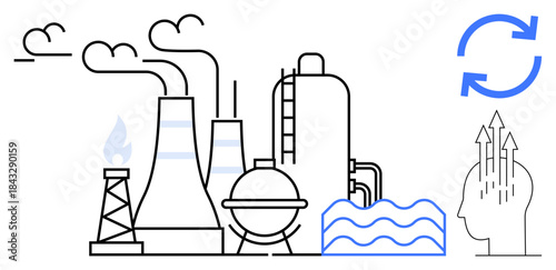 Industrial engineering. Factory emissions and water usage linked with recycling and innovation symbols. Industrial engineering highlights environmental impact. For energy, sustainability, eco-design