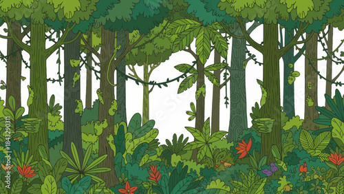 tropical rainforest filled with tall trees, thick vegetation, layered canopies, and rich natural textures creating a humid, vibrant ecosystem full of biodiversity on white isolated background