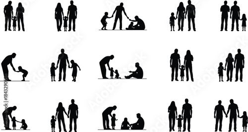 Black Silhouette Vector Collection of Diverse Families: Parents and Children Holding Hands, Playing, and Interacting – Isolated Vector Graphic on White Background