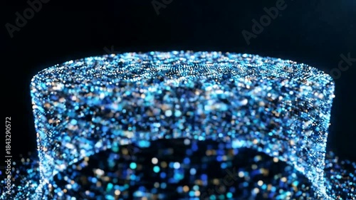 Abstract representation of digital particles forming a vibrant, glowing structure