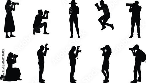 Black Silhouette Vector Collection of Diverse Photographers and Videographers Taking Pictures and Filming in Various Action Poses – Isolated on White