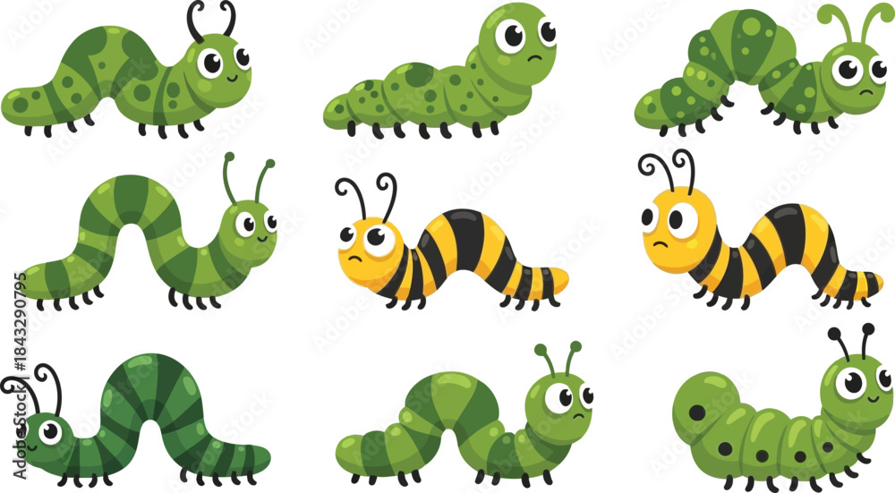 Obraz premium Charming collection of colorful cartoon caterpillars and bumblebees on transparent background