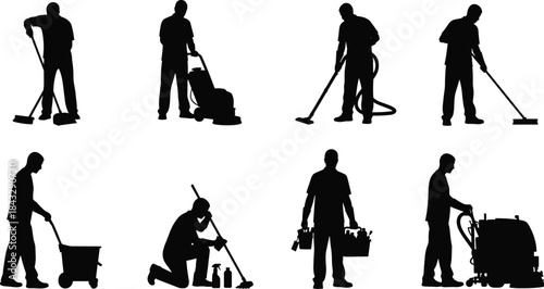 Set of male cleaning service workers using brooms, vacuums, and floor buffers, showing various industrial janitorial actions, vector.