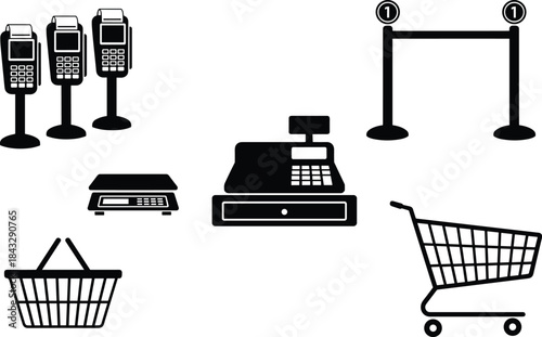 Black and white retail icons set featuring checkout tools, shopping carts, and payment terminals for store signage and interface design.
