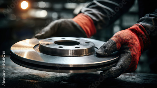 Mechanic holding a new car brake disc rotor in a workshop, close-up view. ready for installation in an auto repair shop.