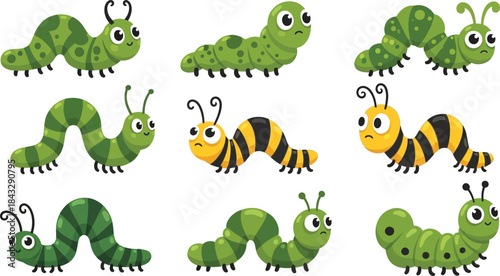 Charming collection of colorful cartoon caterpillars and bumblebees on transparent background
