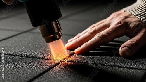 Close-Up View of Heat Gun Application on Textured Floor Seams with Hand