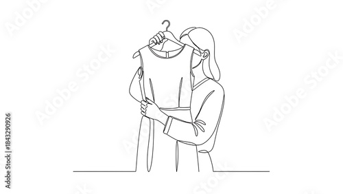 Wallpaper Mural Continuous line art drawing of a woman holding up a new dress on a hanger to examine it closely Torontodigital.ca