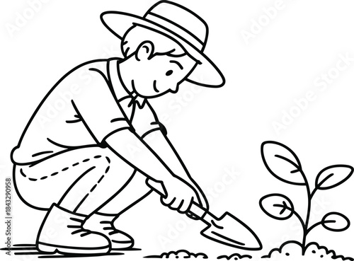 Vector outline illustration of a young person or child wearing a hat, kneeling and carefully planting a seedling with a small trowel, symbolizing environmental care, education, and gardening hobbies.
