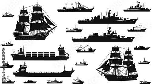 Black Silhouette Vector Collection of Diverse Sea Vessels Including Cargo Ships, Sailboats, Fishing Trawlers, and Warships – Isolated on White Background