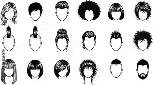 Black Silhouette Vector Set of Diverse Hairstyles Featuring Curly, Straight, Bun, Mohawk, and Layered Cuts for Fashion and Design