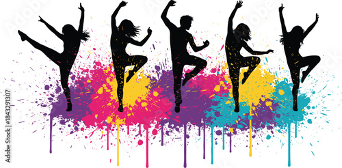 Dynamic dance silhouette illustration with five vibrant figures in expressive poses over multicolored paint splatter background representing celebration and creativity