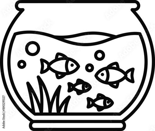 Simple line drawing of a fishbowl with fish and plants on transparent background