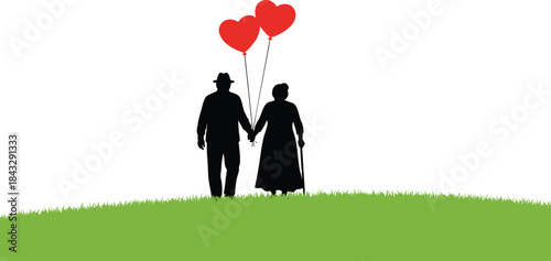 Elderly couple silhouette holding heart balloons on grassy hill symbolizing love, support, and lifelong companionship in old age