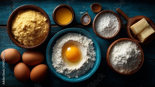 Overhead view of various ingredients in bowls: egg, flour, butter, and corn flour