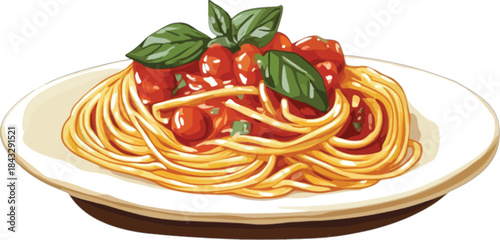 Spaghetti with tomato sauce and basil on a white plate pasta