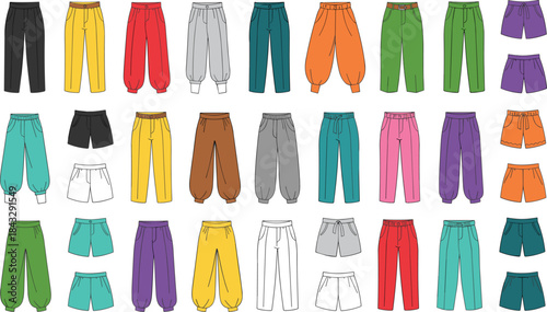 Grid of colorful pants and shorts showcasing diverse styles, lengths, and designs for fashion inventory, retail display, and catalog use.