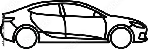 Simple black and white line drawing of a modern sedan car on transparent background
