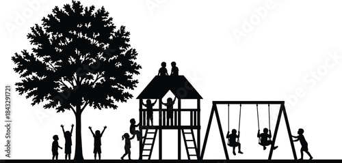 Playground silhouette with children playing under tree, climbing structure, and swinging in joyful outdoor recreation and social interaction scene