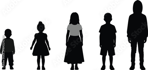 Silhouettes of children in ascending height order, representing stages of growth, development, and age diversity in artistic illustration.