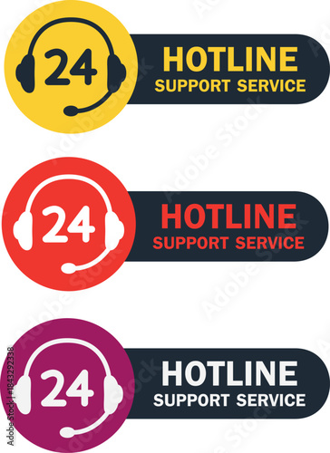 Hotline 24/7 Support Service Vector Icon Set, Flat Design Customer Care and Technical Assistance Labels