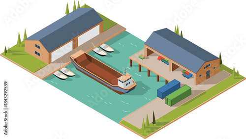 Isometric harbor warehouse illustration, small port with cargo boat docks buildings, maritime logistics transportation, coastal industrial scene