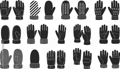 Stylized collection of twenty winter glove and mitten pairs in black silhouette with detailed patterns, textures, and cuff variations