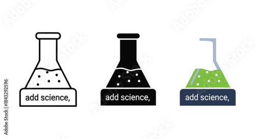 Three erlenmeyer flasks with different colored liquids and particles