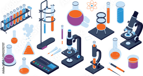 Isometric laboratory equipment illustration, chemistry science tools set with microscopes test tubes flasks, research education concept design