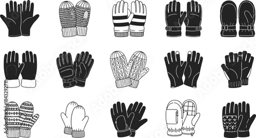 Stylized grid of sixteen glove and mitten pairs showcasing diverse winter handwear designs with knitted, padded, and leather textures