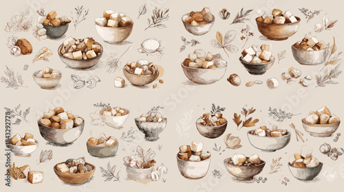 Watercolor nut illustration collection featuring almonds walnuts hazelnuts and shells arranged in soft neutral tones ideal for food packaging healthy lifestyle designs and natural decor.