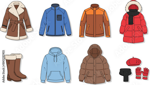 Stylized winter clothing illustration featuring coats, jackets, boots, hoodie, and accessories for cold weather fashion and seasonal protection