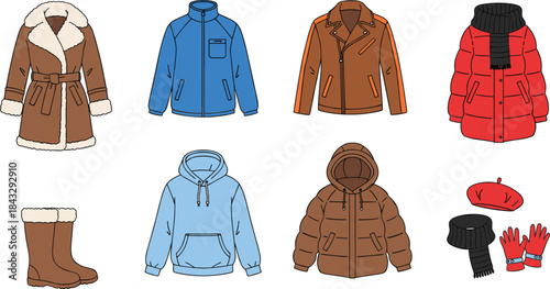 Stylized winter clothing illustration featuring coats, jackets, boots, hoodie, and accessories for seasonal fashion, warmth, and cold weather protection