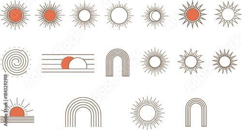 Abstract sun and rainbow vector collection featuring minimalist line art symbols, boho celestial elements, geometric arches, sunrise icons, and modern decorative designs