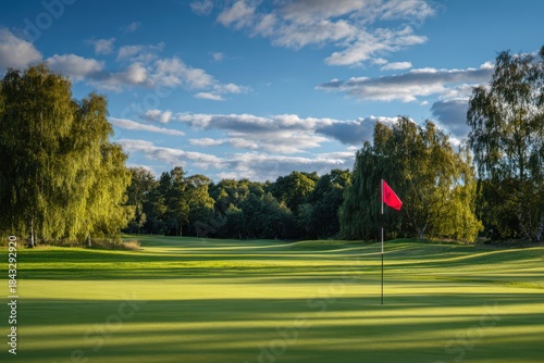 Beautiful Golf Course Green with Red Flag under Blue Sky and Trees