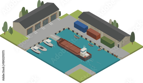 Isometric small harbor illustration, cargo boat canal warehouses containers scene, inland port logistics transportation, industrial waterfront design