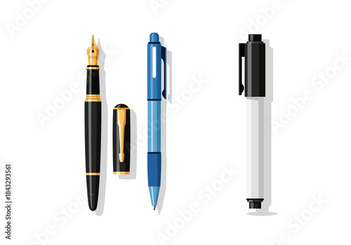 Elegant Writing Instruments: Fountain Pen Ballpoint and Marker.