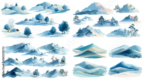 Watercolor landscapes of snowy mountains, rolling hills, evergreen trees, and serene winter scenery. Suitable for nature design, seasonal graphics, travel themes, and decorative artwork.