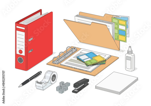 Office Supplies Illustration: Binder Folder Clipboard and More.