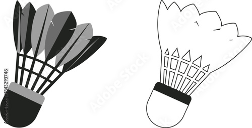 Two badminton shuttlecocks in grayscale showcasing detailed feather patterns on transparent background