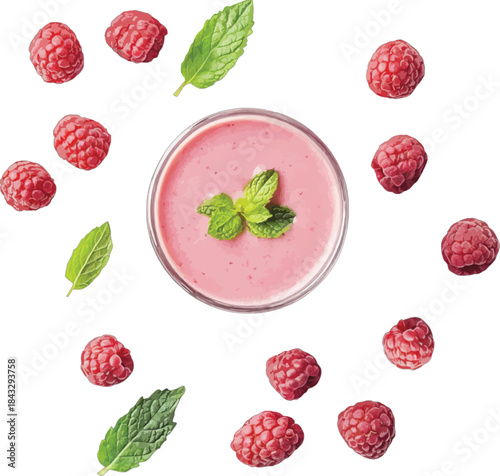 Pink raspberry smoothie with fresh mint and berries vector