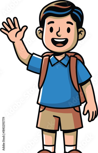 Cartoon illustration of a smiling school boy waving wearing a backpack on transparent background