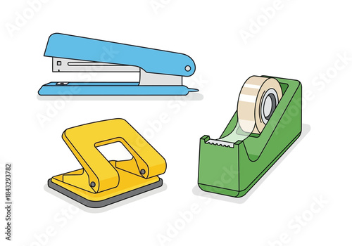 Office Supplies: Stapler Hole Punch and Tape Dispenser Illustration.
