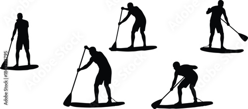 Black Silhouette Vector Collection of People Stand-Up Paddleboarding (SUP) in Active and Dynamic Poses – Water Sport, Balance, and Outdoor Fitness Isolated on White