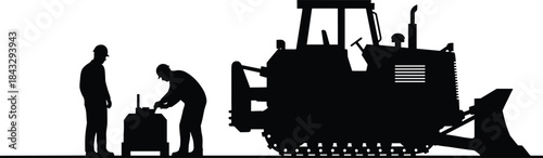 Silhouette of construction workers discussing plans next to a large tracked bulldozer, industrial heavy machinery vector graphic.