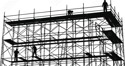 Black Silhouette Vector of Construction Workers on Scaffolding at a Building Site – Industry, Labor, and Engineering Concept Isolated on White Background