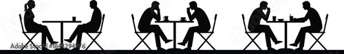 Black Silhouette Vector of People Sitting at Outdoor Cafe and Restaurant Tables Drinking Coffee and Talking – Socializing and Leisure Concept Isolated on White